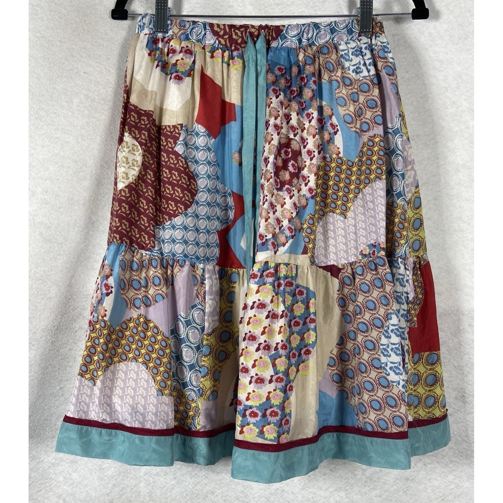 Johnny Was Skirt Women's XS Beige Blue A-Line Floral 100% Silk Tiered Boho